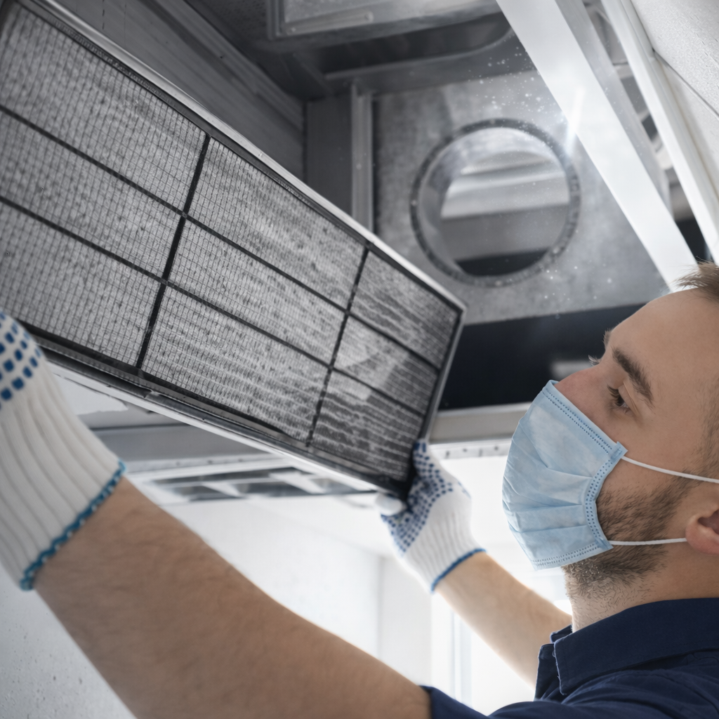 HVAC technician inspecting dirty air filter